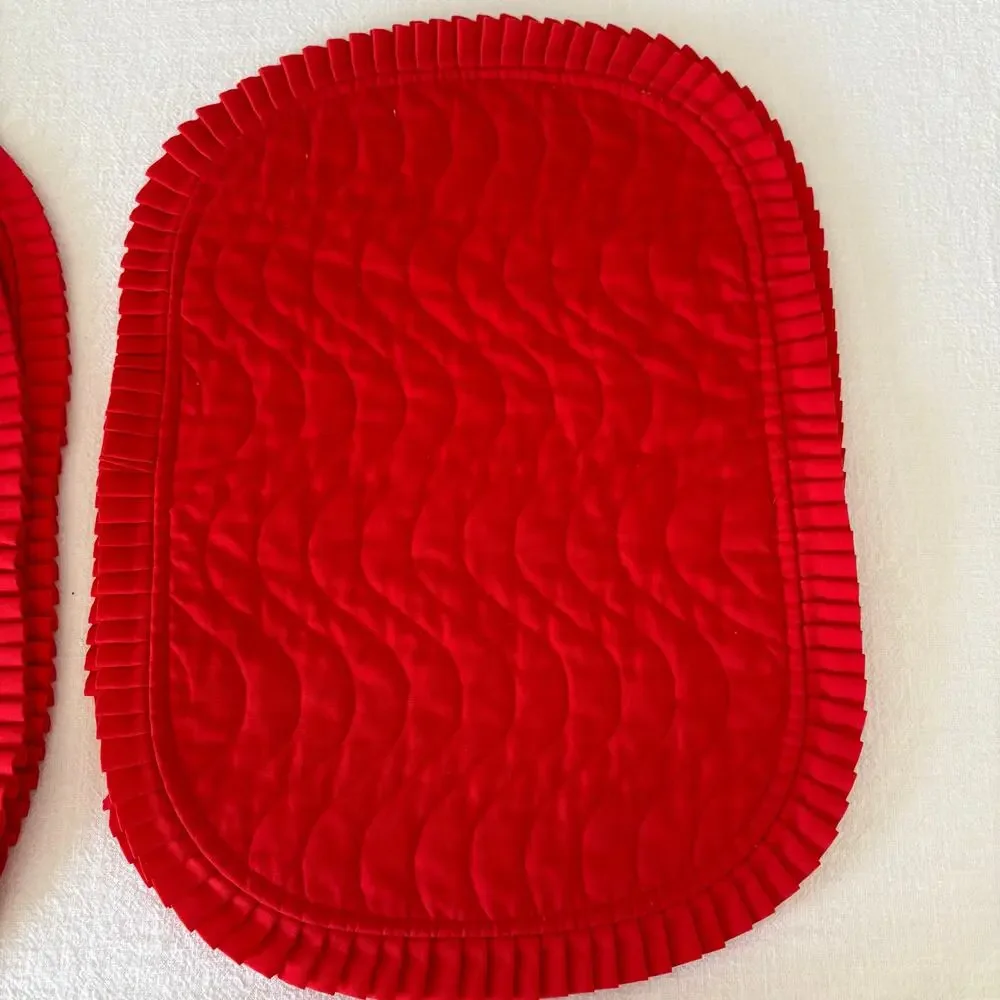 Vintage Red Quilted Placemats Set of 6 Pleated Ruffle Trim Cottage Table Linens